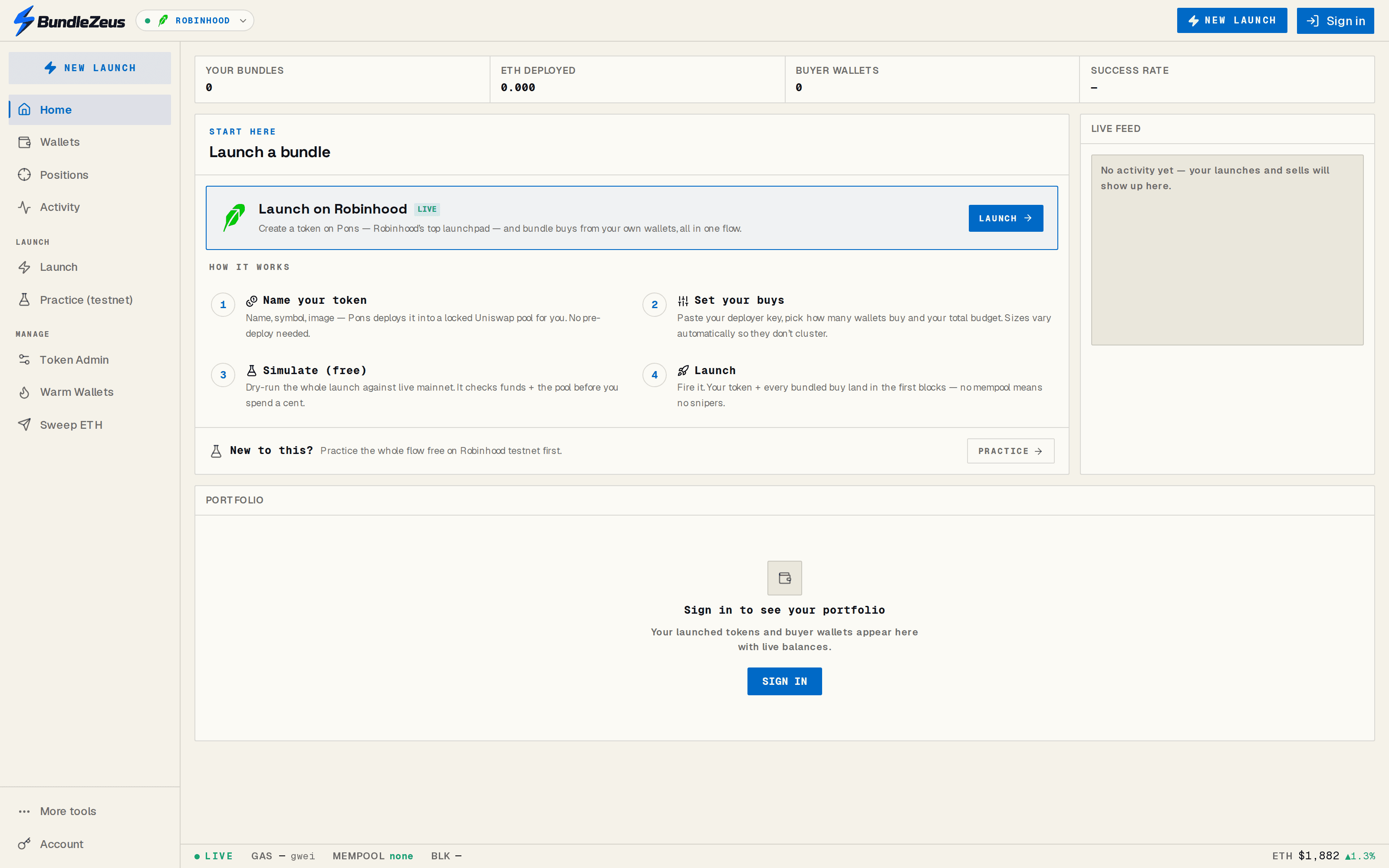 The BundleZeus console showing bundle count, ETH deployed, buyer wallets, a live activity feed and the launch-a-bundle entry point.