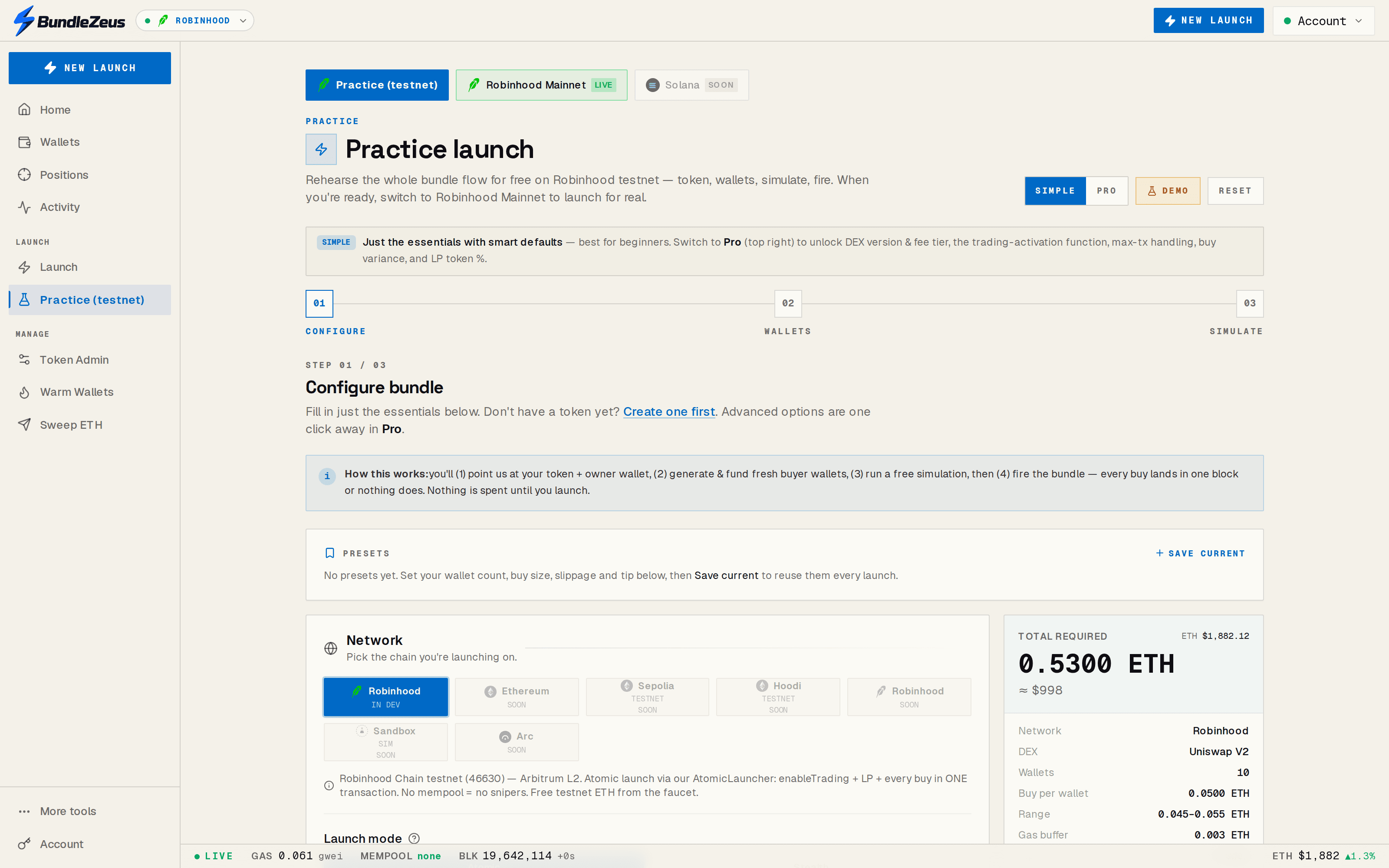 The BundleZeus launch wizard on Robinhood Chain: network picker, configure-bundle step, and a live cost panel showing total ETH required, DEX, wallet count and per-wallet buy size.